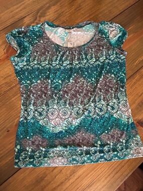 ✨Worthington Teal and Gray Printed Short-Sleeve Scoop Neck Top